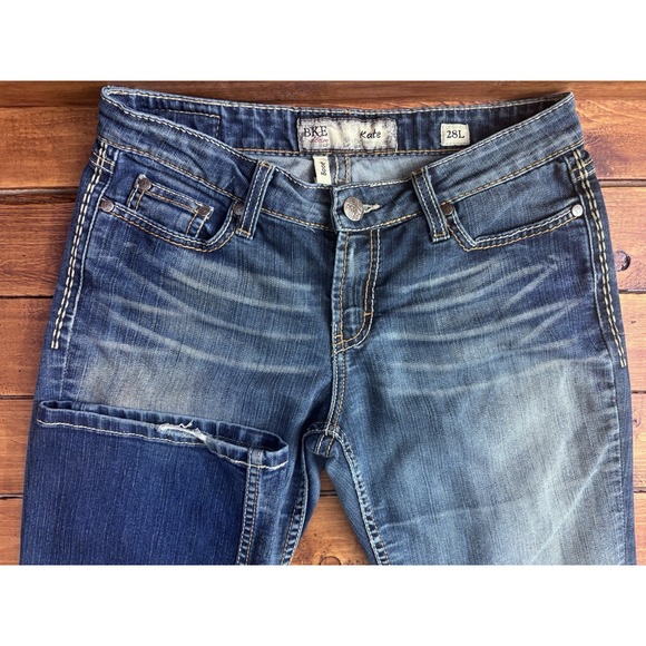 BKE Kate Jeans Women 28x33.5 (Fits 30x32) Blue Denim Bootcut Distressed Whiskers - Picture 1 of 11